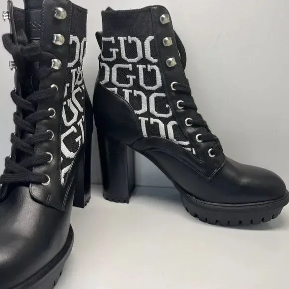GUESS Ankle Boots Knit Logo Platform Black White WOMENS SIZE 11M - Picture 2 of 8
